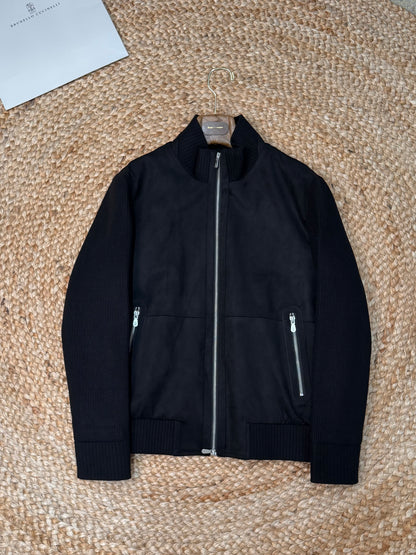 Brunello Cucinelli Suede and Wool Knit Bomber Jacket "Black"
