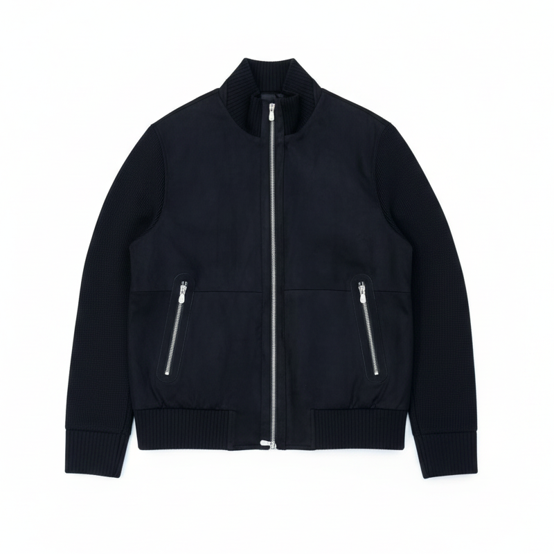 Brunello Cucinelli Suede and Wool Knit Bomber Jacket "Black"