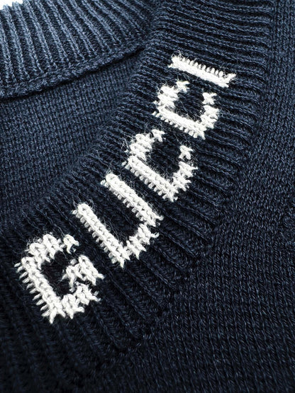 Gucci Silk Cotton T-Shirt with Gucci Intarsia "Navy Blue"