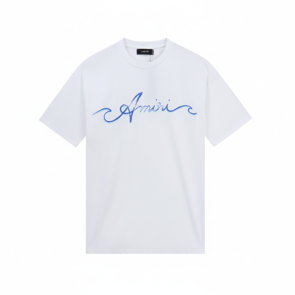 Amiri Wave Logo Print T-Shirt "White-Blue"