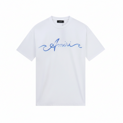 Amiri Wave Logo Print T-Shirt "White-Blue"
