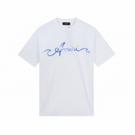 Amiri Wave Logo Print T-Shirt "White-Blue"