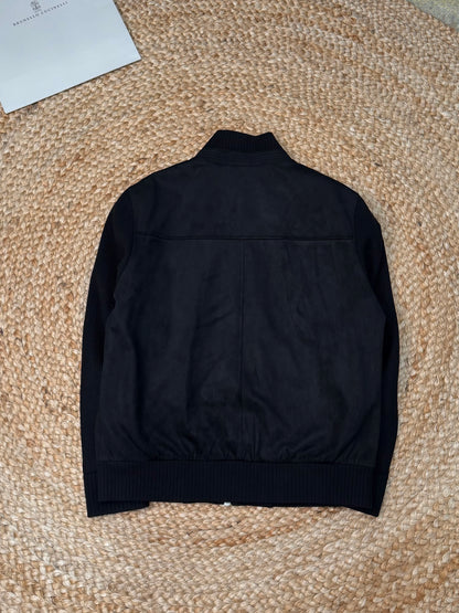 Brunello Cucinelli Suede and Wool Knit Bomber Jacket "Black"