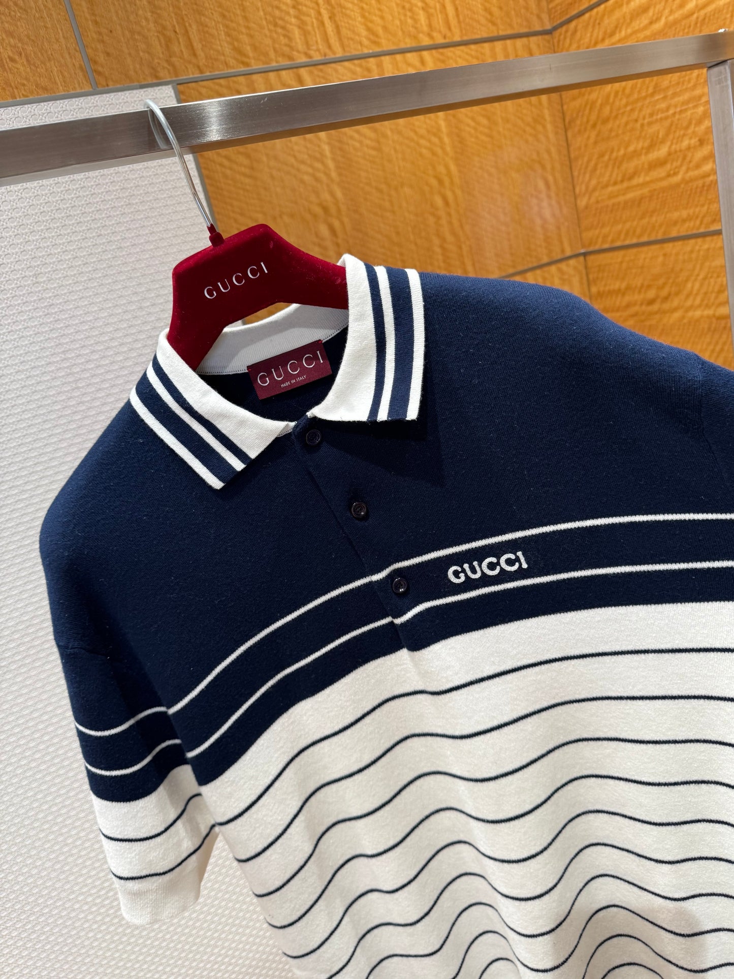 Gucci Logo Striped Cotton Polo T-Shirt "Navy Blue-White"