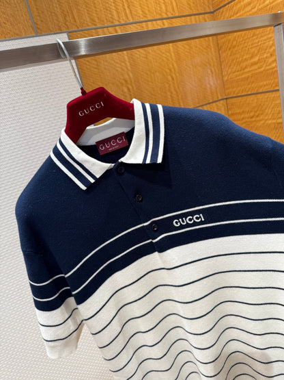 Gucci Logo Striped Cotton Polo T-Shirt "Navy Blue-White"