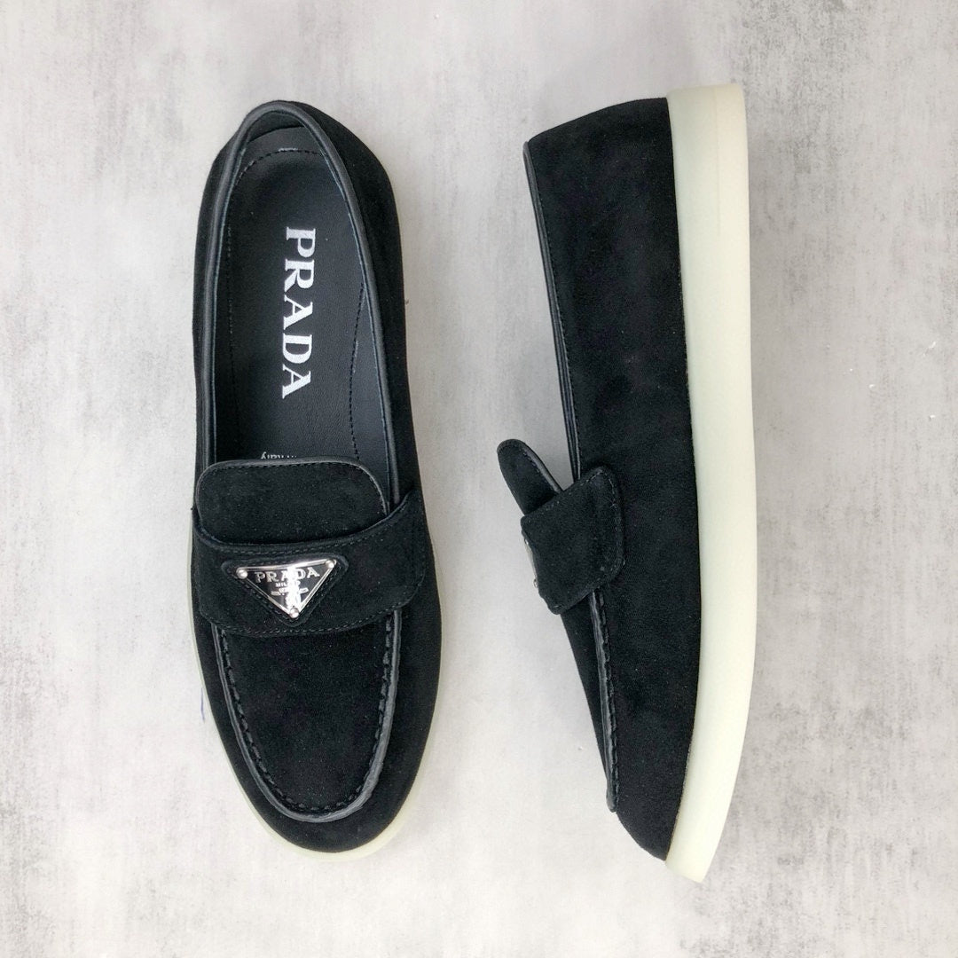 Prada Logo-Plaque Suede Loafers "Black"