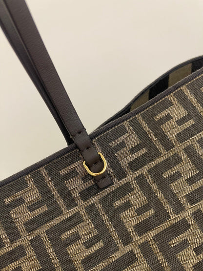 Fendi Roll Large FF Jacquard and Striped Pequin Fabric Shopper