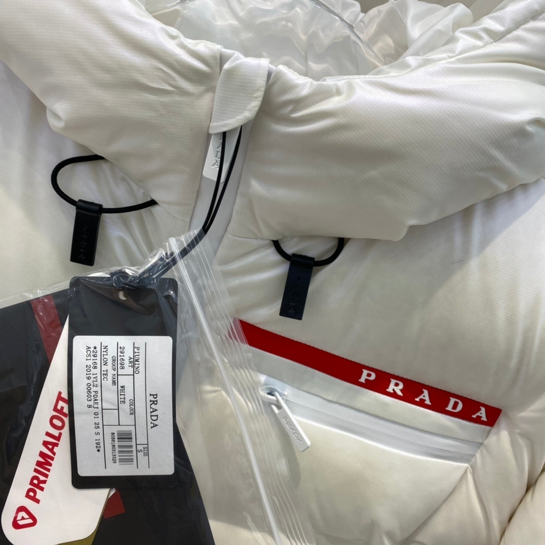 Prada Cropped Technical Re-Nylon Down Jacket "White"