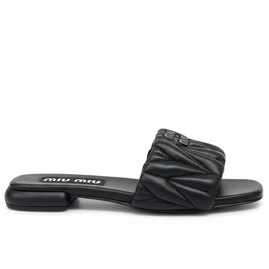 Miu Miu Logo Matelassé Leather Slides "Black"