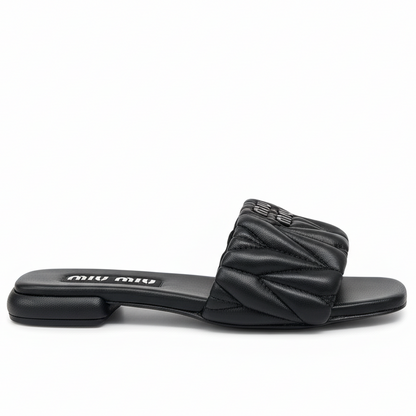 Miu Miu Logo Matelassé Leather Slides "Black"