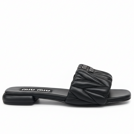 Miu Miu Logo Matelassé Leather Slides "Black"