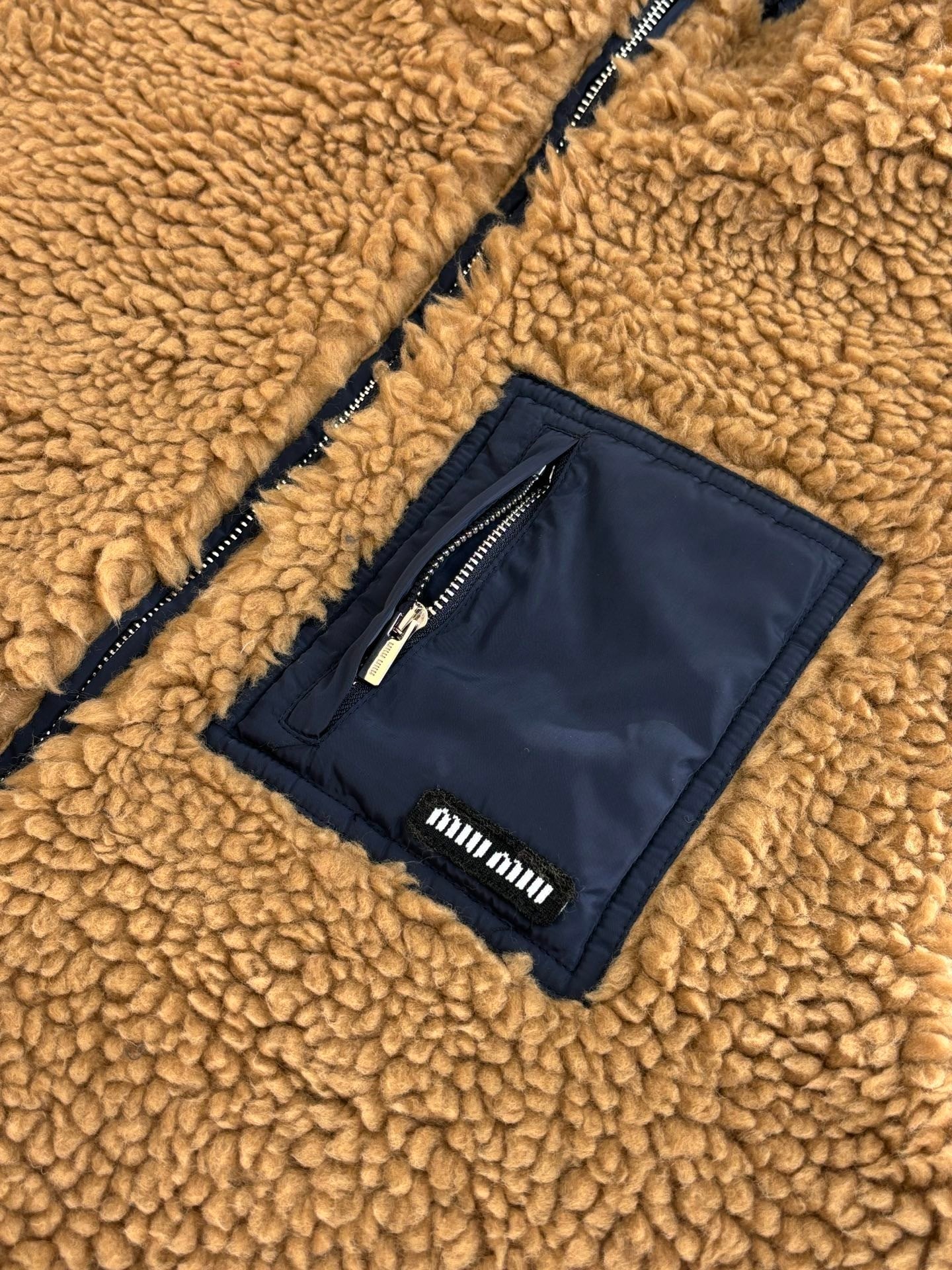 Miu Miu Reversible Teddy Down with Technical Pongé "Camel" and "Blue"