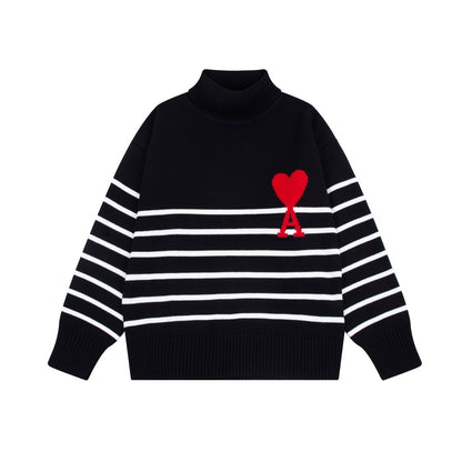 AMI Paris Ami De Coeur Funnel Neck Sweater "Black-White Stripes"