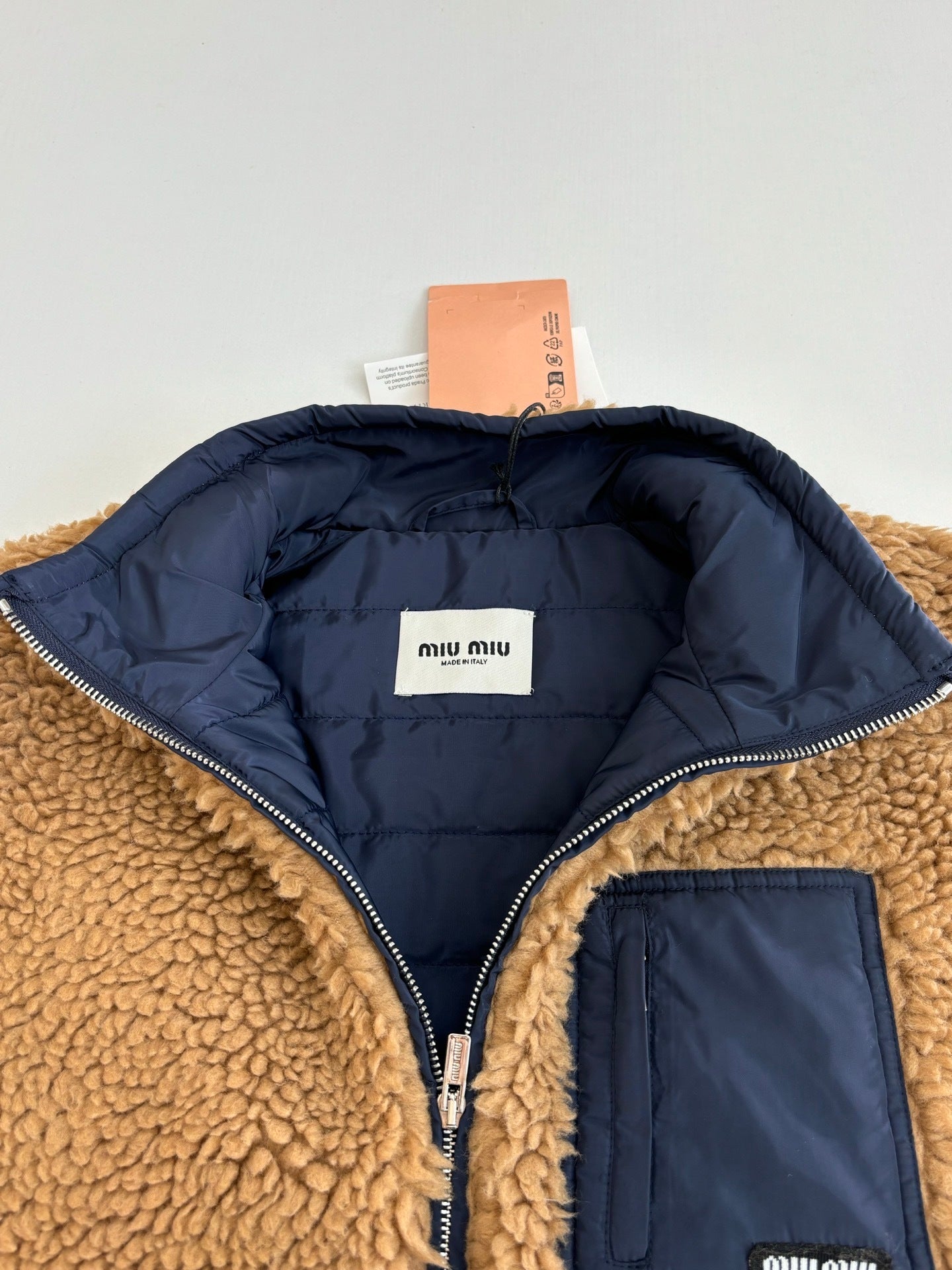 Miu Miu Reversible Teddy Down with Technical Pongé "Camel" and "Blue"