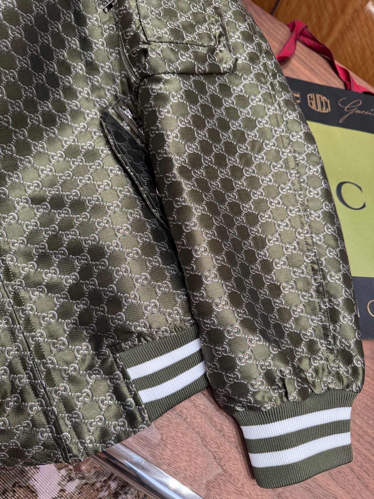 Gucci Cotton Jacquard Bomber Jacket With GG Shadow "Green"