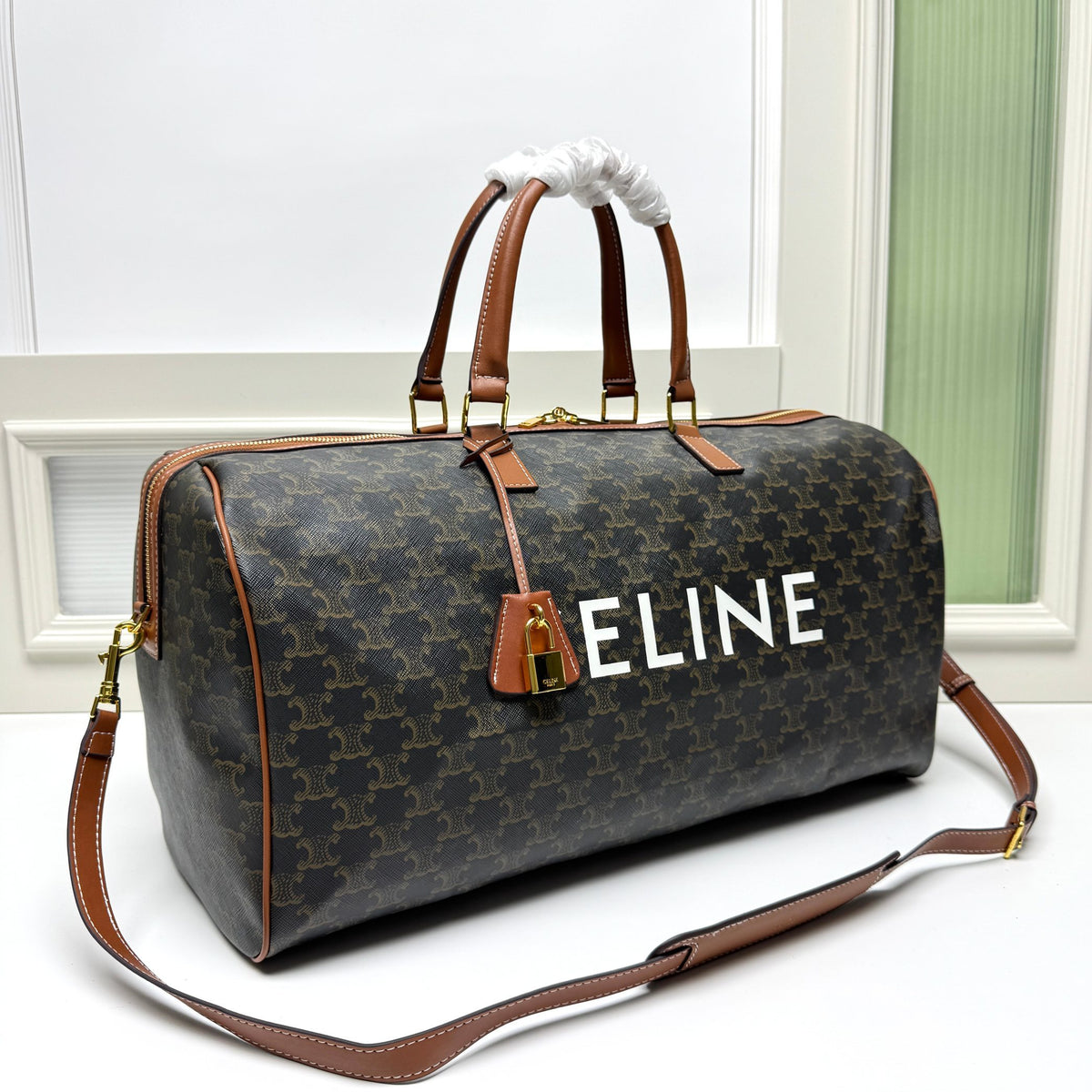Celine Large Voyage Bag in Triomphe Canvas with Celine Print "Tan"
