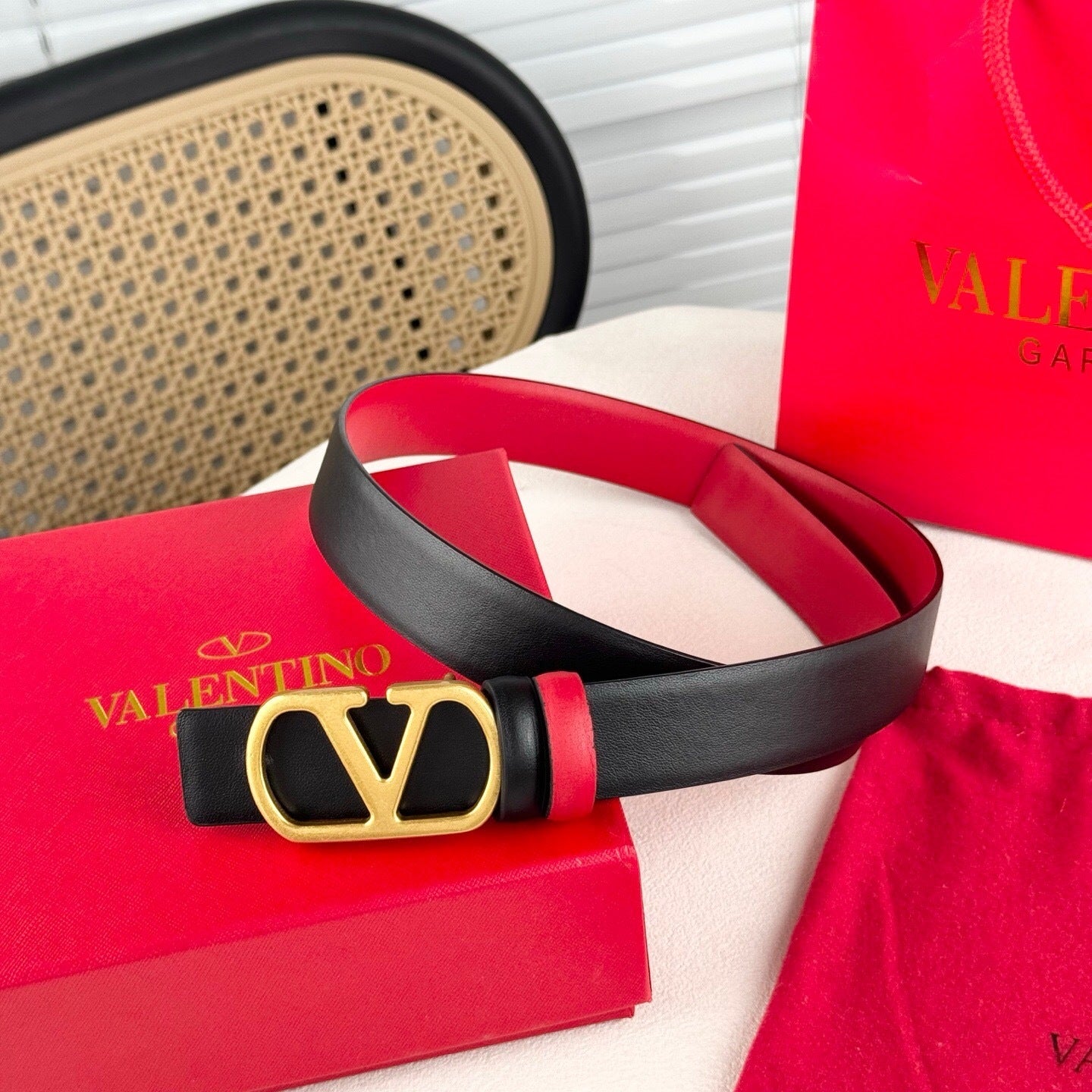 Valentino VLogo Signature Reversible 30mm Leather Belt "Red" and "Black"