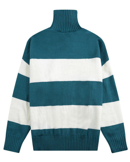 AMI Paris Ami De Coeur Striped Turtleneck Sweater "White-Teal"