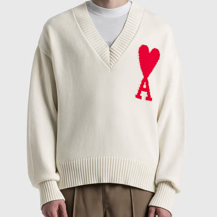 AMI Paris Ami De Coeur V-Neck Sweater "White"