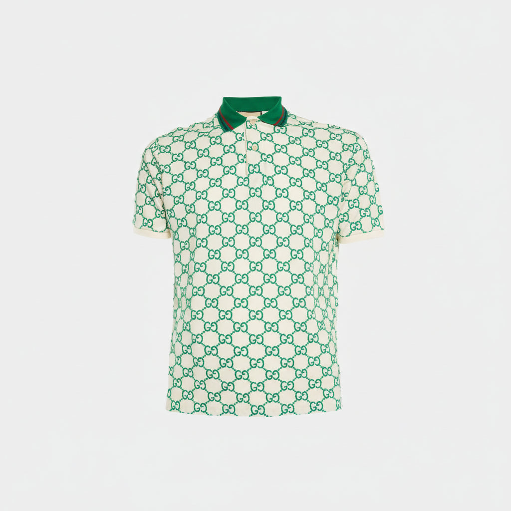 Gucci GG Embroidered Cotton Polo T-Shirt "Off White-Green"