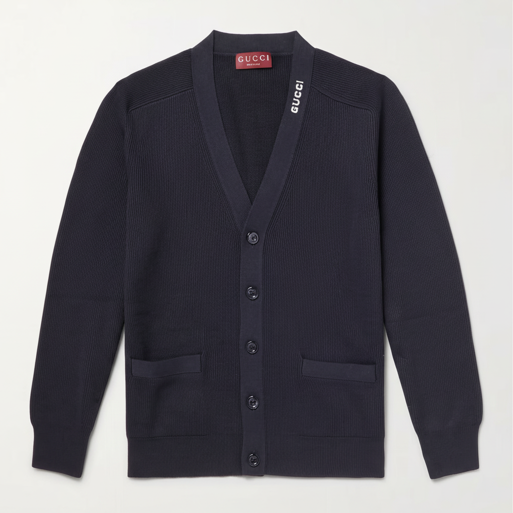 Gucci Silk Cotton Cardigan with Intarsia "Dark Blue"